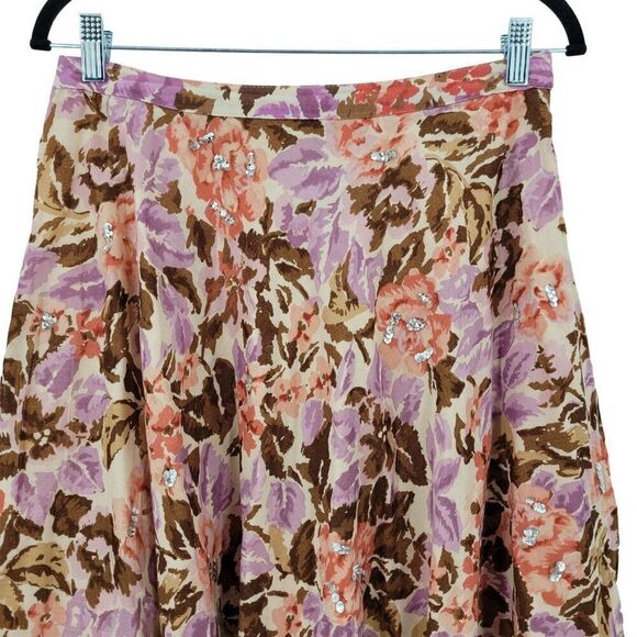 Y2K Floral Midi Skirt 8 Cotton Pink Brown Asymmetrical Sequin Details Boho India - Picture 6 of 15